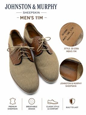 Johnston & Murphy Sheepskin Suede Wingtip Oxfords Men’s 13M Tan Brown